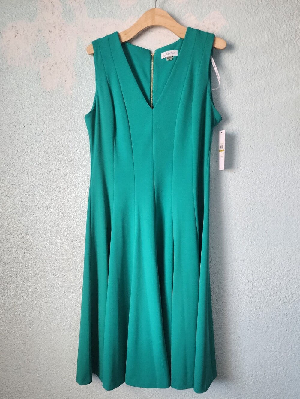 Calvin Klein Emerald Green V-Neck Fit-and-Flare Dress